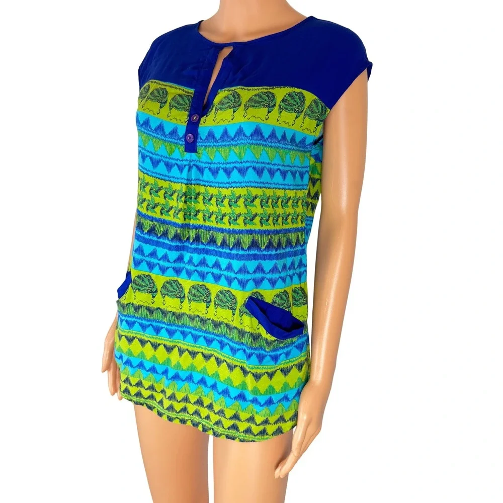 Global Desi Womens Blue Green Geometric Print Tunic‎ Top Cap Sleeve Size S